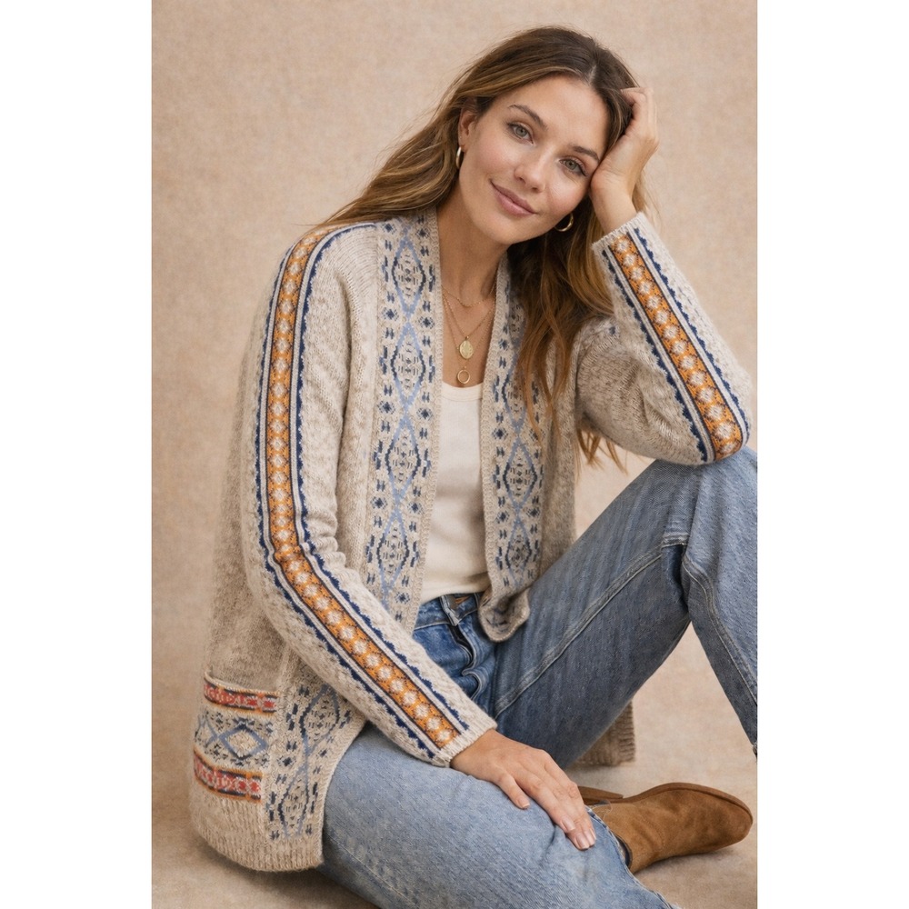 Lucky Brand Cardigan Sweater Sz Large Beige Southwestern‎ Aztec Knit Open Front